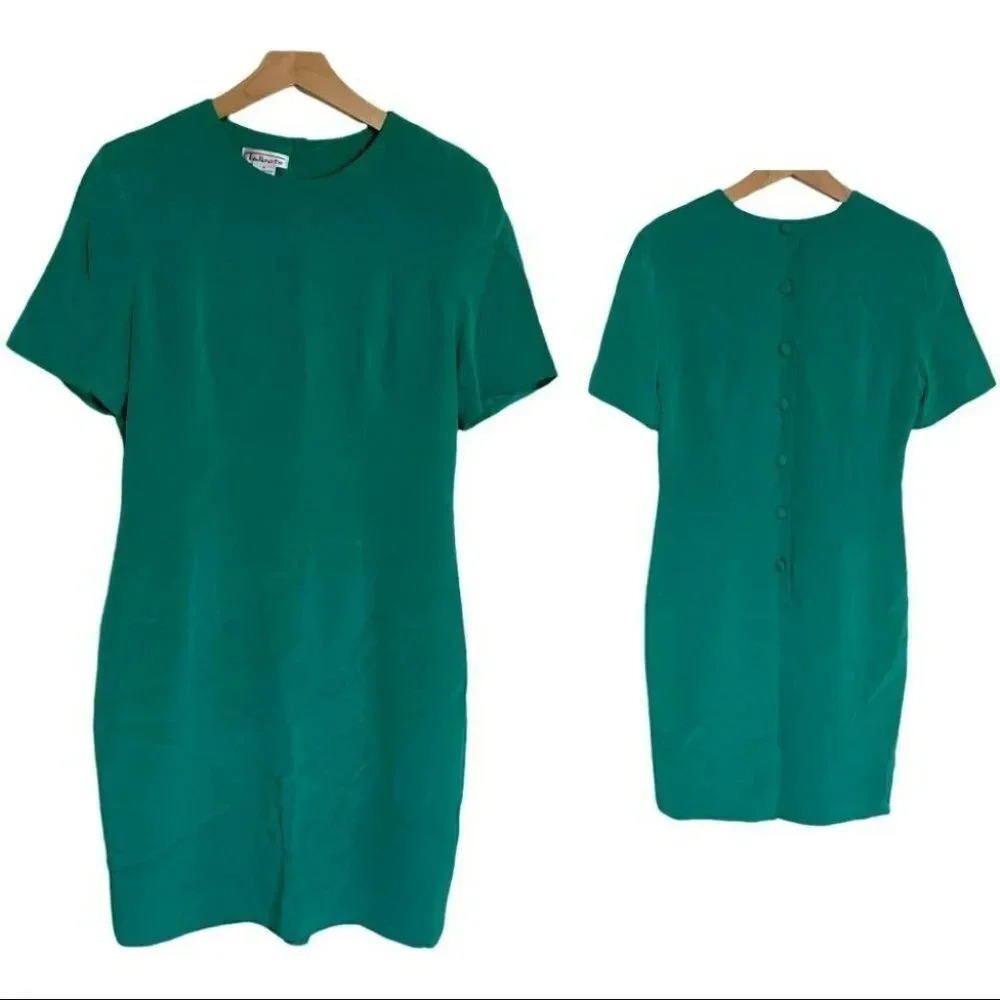 Talbots dress 100% silk green short sleeve dress with buttons down back size 4